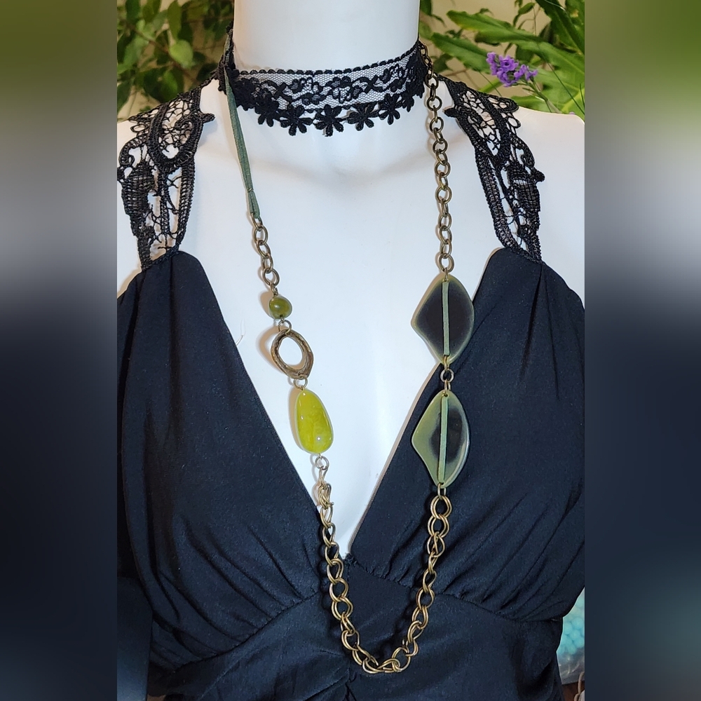 Vintage Boho Chunky Green, Black and Bronze Statement Necklace